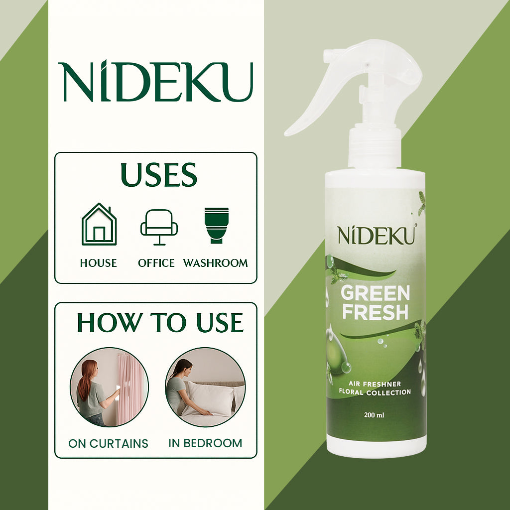 NiDEKU Green Fresh Air Freshener Spray 200ml – Long-Lasting Room Spray & Natural Odour Neutralizer for Home, Bathroom, Office, Pet Areas – Instant Fresh Scent, Eco-Friendly Formula