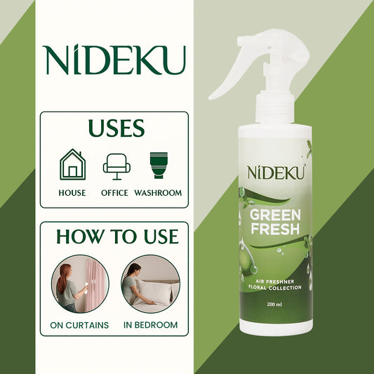 NiDEKU Green Fresh Air Freshener Spray 200ml – Long-Lasting Room Spray & Natural Odour Neutralizer for Home, Bathroom, Office, Pet Areas – Instant Fresh Scent, Eco-Friendly Formula