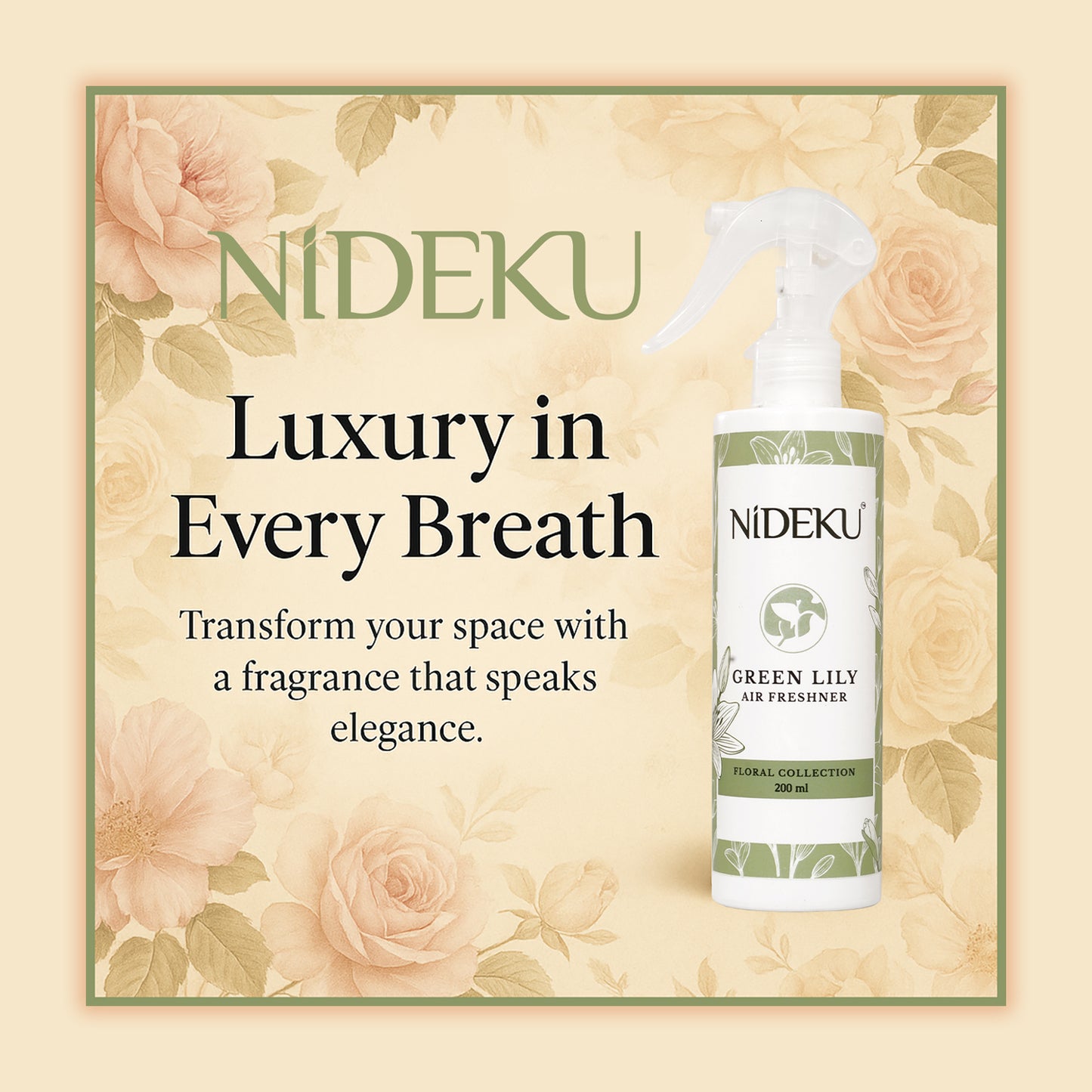 NiDEKU Green Lily Air Freshener Spray 200ml ā Long-Lasting Room Freshener & Odour Neutralizer for Home, Office & Hotel ā Quick Action Floral Fragrance Spray