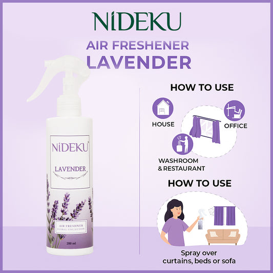 NiDEKU Lavender Air Freshener Spray 200ml – Long-Lasting Floral Scent | Instant Odour Remover for Home, Bathroom, Hotel, Office | Room Freshener & Air Neutralizer Spray