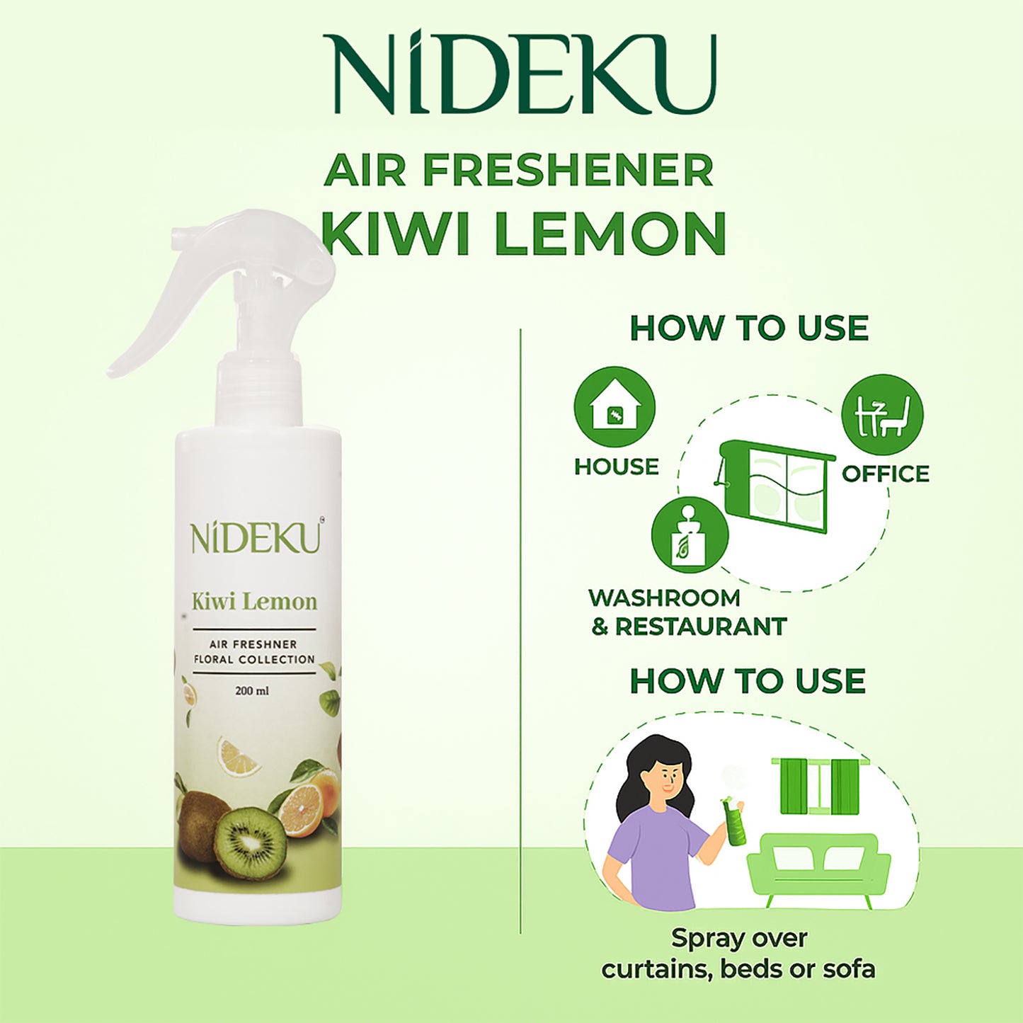 NiDEKU Kiwi Lemon Air Freshener Spray 200ml – Long-Lasting Fresh Mist for Rooms, Bathrooms, Office & Hotels – Instant Odour Neutralizer for Home, Car, Linen & Fabric