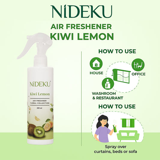 NiDEKU Kiwi Lemon Air Freshener Spray 200ml – Long-Lasting Fresh Mist for Rooms, Bathrooms, Office & Hotels – Instant Odour Neutralizer for Home, Car, Linen & Fabric
