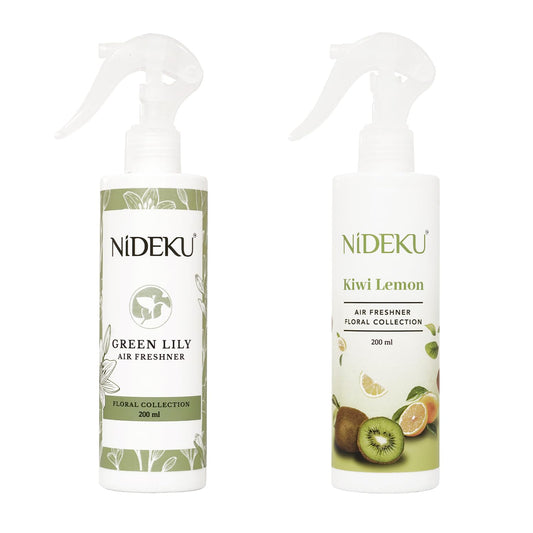 NiDEKU Twin Pack Air Freshener Spray 200ml – Green Lily & Kiwi Lemon – Long-Lasting Odour Remover for Home, Office, Hotel – Instant Freshness Dual Fragrance Combo