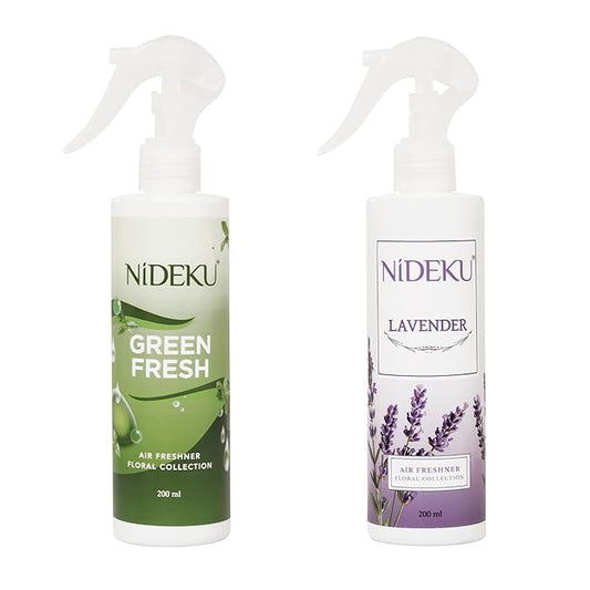 NiDEKU Air Freshener Spray – Pack of 2 (200ml Each) | Lavender & Green Fresh | Long-Lasting Odour Eliminator for Home, Office & Hotel