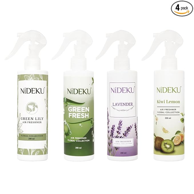NiDEKU Air Freshener Spray 200ml β Pack of 4 Refreshing Scents (Lavender, Green Fresh, Kiwi Lemon, Green Lily) β Long-Lasting Room & Bathroom Odour Remover for Home, Office, Hotel