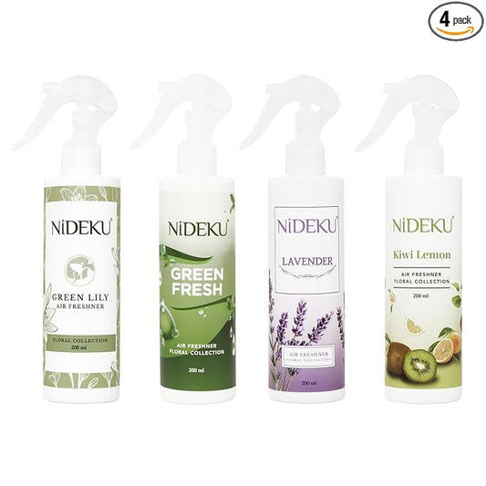 NiDEKU Air Freshener Spray 200ml – Pack of 4 Refreshing Scents (Lavender, Green Fresh, Kiwi Lemon, Green Lily) – Long-Lasting Room & Bathroom Odour Remover for Home, Office, Hotel