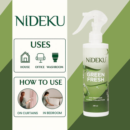 NiDEKU Green Fresh Air Freshener Spray 200ml – Long-Lasting Room Spray & Natural Odour Neutralizer for Home, Bathroom, Office, Pet Areas – Instant Fresh Scent, Eco-Friendly Formula