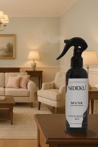 NiDEKU Musk Air Freshener Spray 200ml Long-Lasting, Streak-Free Odour Neutralizer for Bathroom, Kitchen & Office Instant Freshness Formula