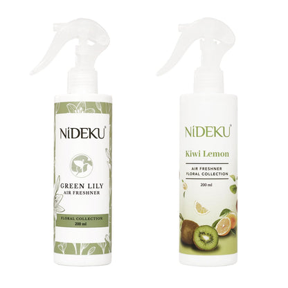 NiDEKU Twin Pack Air Freshener Spray 200ml – Green Lily & Kiwi Lemon – Long-Lasting Odour Remover for Home, Office, Hotel – Instant Freshness Dual Fragrance Combo